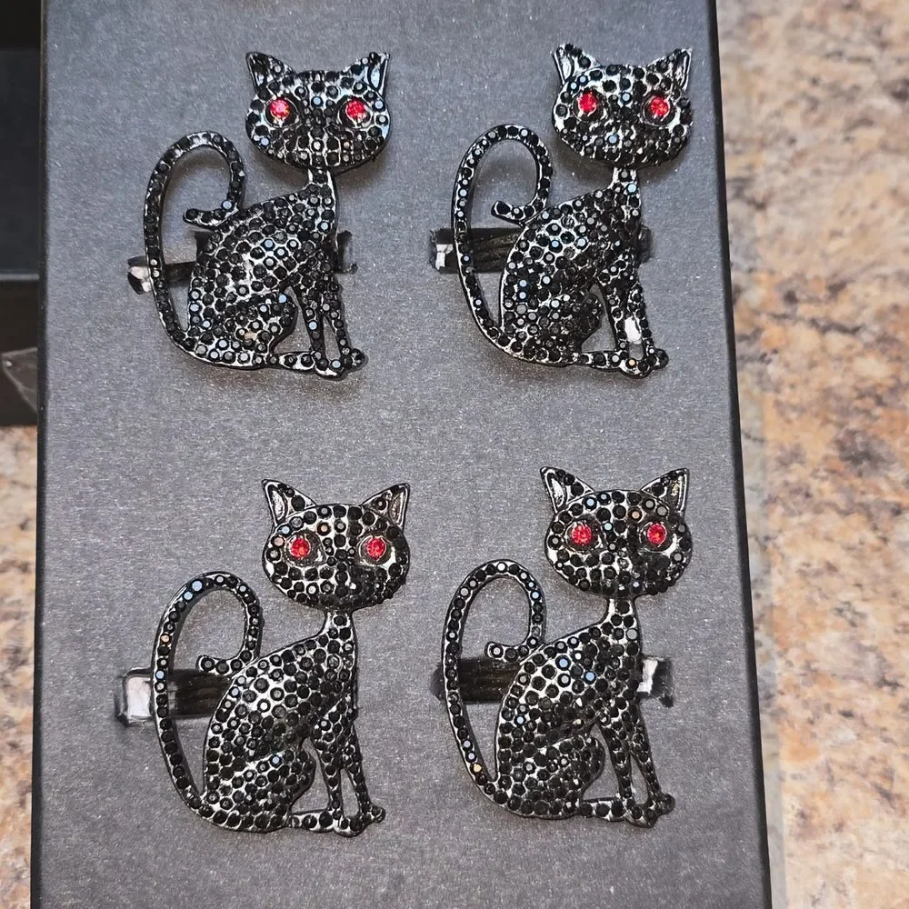 Tahari Black Cat Rhinestone Napkin Rings Set of 4 Red Eyes Halloween